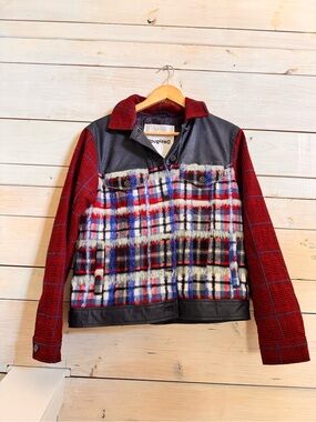 Desigual Red Plaid Mixed-Media Jean Jacket with Blue & White Accents